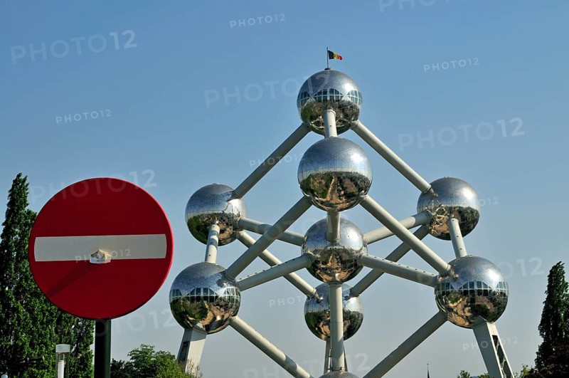 Atomium, built in 1958 for the World Exhibition, uses nine atoms to represent the body-centred cubic elementary cell of an iron crystal structure magnified 165 billion times, Brussels, Belgium, Europe
