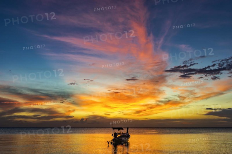Longtail boat in sunset, sunset, horizon, evening light, boat, sun, evening mood, cloudy sky, colourful, orange, wooden boat, sea, calm, tranquillity, emotion, journey, holiday, beach, tourism, holiday mood, holiday paradise, paradise, evening sky, romantic, cloud, sky, dream holiday, coast, wanderlust, seascape, seascape, serenity, mood, symbolic, dusk, silhouette, light, weather, climate, Thailand, Asia