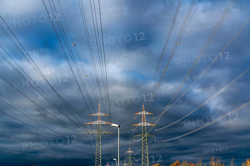 High-voltage pylons, overhead lines, with warning paint for air traffic, near Krefeld, North Rhine-Westphalia, Germany, Europe