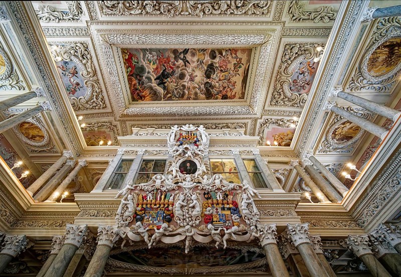 Coat of arms and portrait on the princely gallery, ceiling design, baroque church, baroque castle church St. Trinitatis at Christiansburg Castle, interior view, Eisenberg, Saale-Holzland district, Thuringia, Germany, Europe