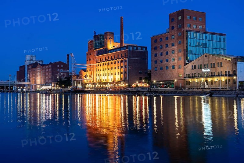 The inner harbour, in Duisburg, Küppersmühle building, and Werhahn Mill, granary with Explorado Children's Museum, right, North Rhine-Westphalia, Germany, Europe