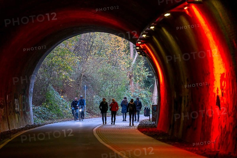 The Nordbahntrasse, a cycle path, footpath, on a former 22 KM long railway line, along the west-east axis of Wuppertal, on the northern slope, with many tunnels, viaducts and views of the city, tunnel passage, Wuppertal, North Rhine-Westphalia, Germany, Europe