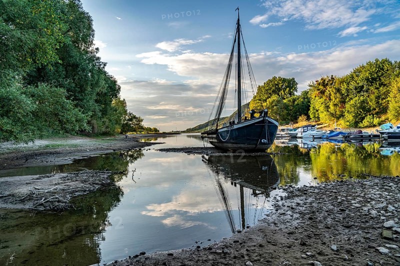 The Rhine at extremely low water, near Bad Honnef Rhöndorf, below the Drachenfels, the historic Rhine ship, Aalschokker Aranka, in the Old Rhine arm, on the island of Grafenwerth, dry banks of the Rhine, North Rhine-Westphalia, Germany, Europe