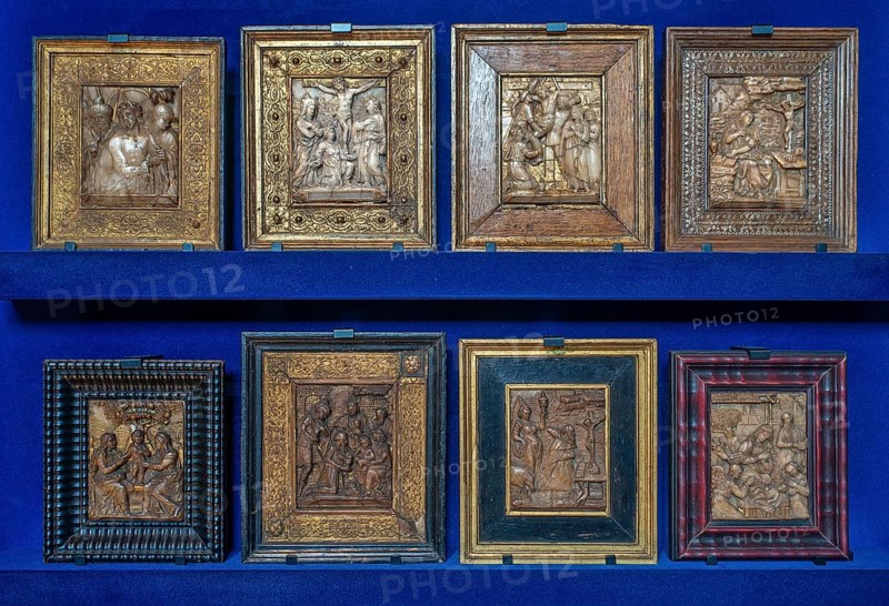 Flemish high relief artworks in the alabaster cabinet at Kasteel van Gaasbeek, renovated medieval castle at Lennik, Flemish Brabant, Belgium, Europe