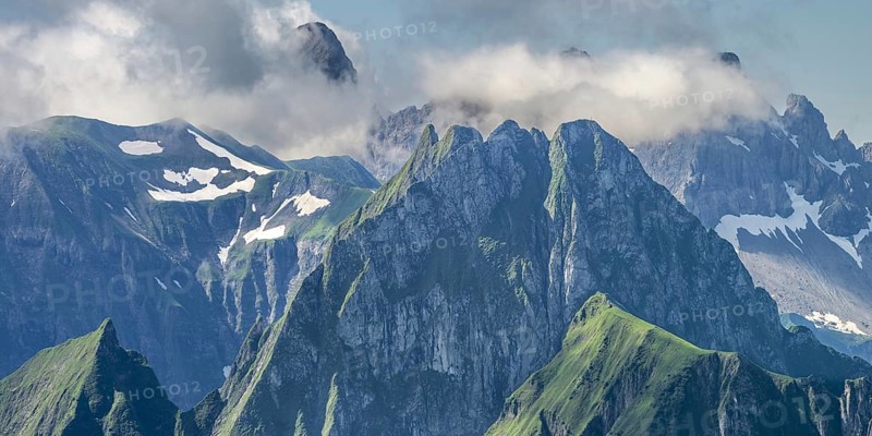 Mountain panorama from the Nebelhorn, 2224m, to the Höfats 2259m, behind it the Großer Krottenkopf, 2656m Allgäu Alps, Allgäu, Bavaria, Germany, Europe