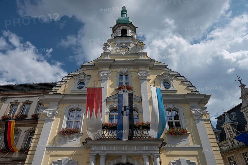 Flags in front of the town hall during the Kulmbach Beer Week, Kulmbach, Upper Franconia, Bavaria, Germany, Europe