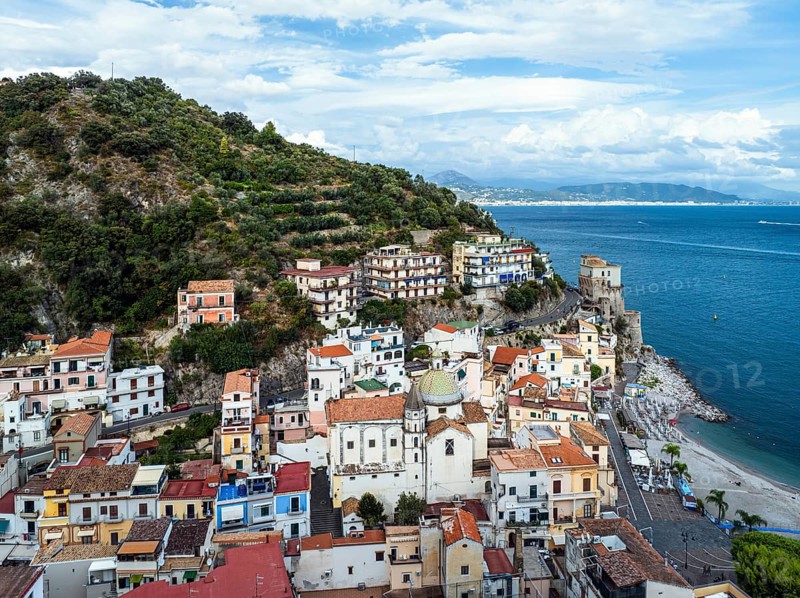 Cetara from a drone, Amalfi Coast, Salerno, Campania, Italy, Europe