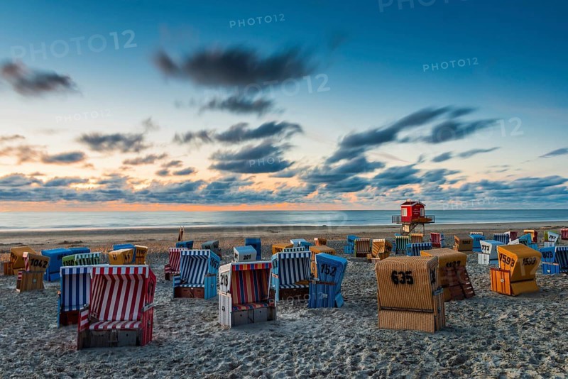 Evening sky, beach chairs, beach, tourism, travel, holiday, North Sea, North Sea island, Langeoog, Germany, Europe