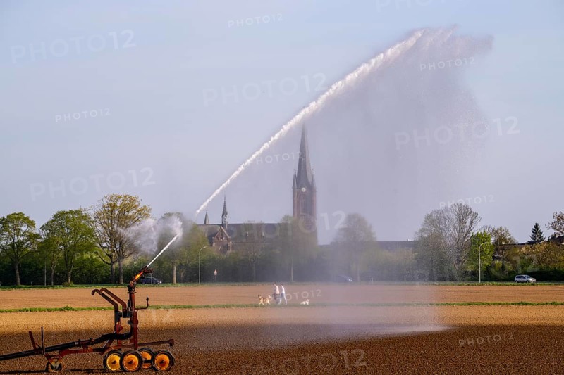 Artificial irrigation of a field, freshly sown, in April, with a sprinkler system, long drought in spring makes this necessary so that the young plants grow well, near Kerken, the church of St Peter and Paul in Aldekerk, Lower Rhine, North Rhine-Westphalia, Germany, Europe