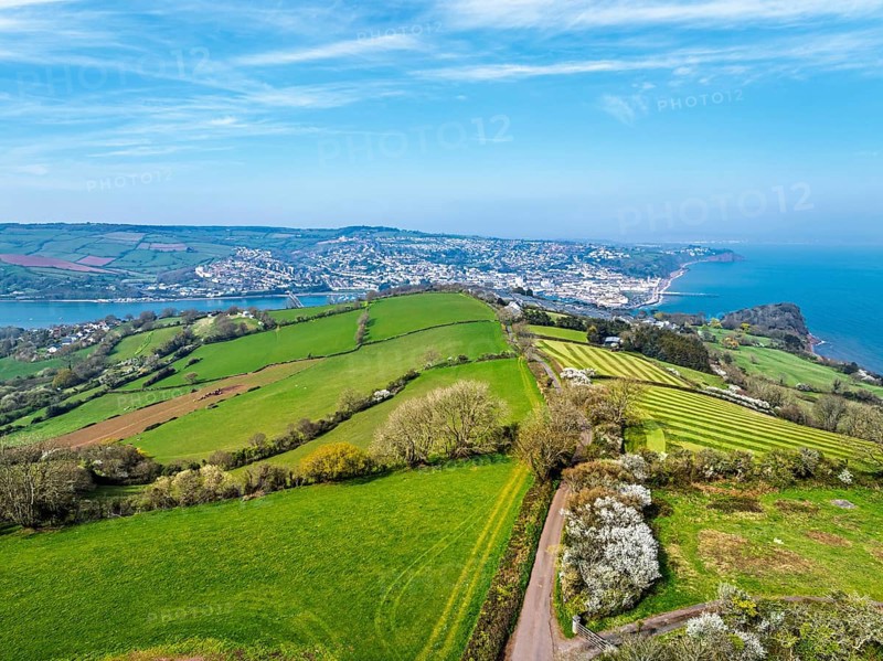Farms and Fields over River Teign from a drone, Teignmouth, Shaldon, Devon, England, United Kingdom, Europe