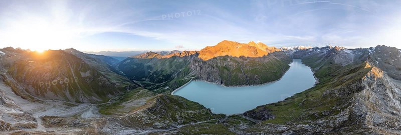 Alpine panorama at Lac de Dix, sunset in the mountains, reservoir, Valais Alps, Valais, Switzerland, Europe