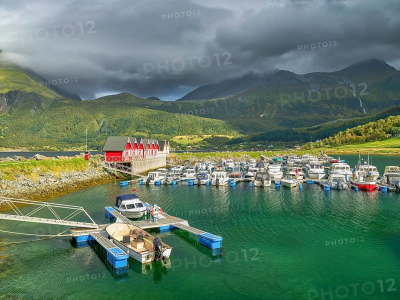 Boat harbour near Aldersund, Rorbu, Helgeland coast, Norway, Europe
