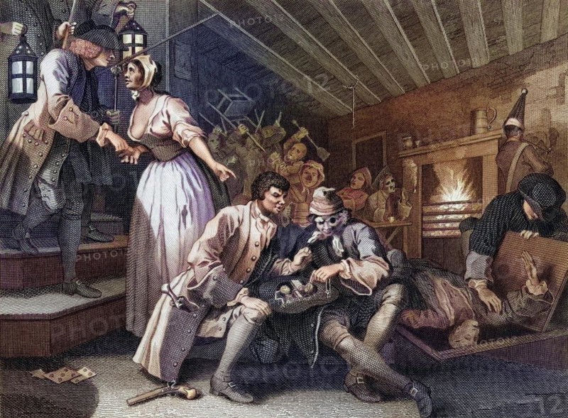 Industry and Idleness The idle prentice betrayed by a prostitute From the original design by Hogarth from The Works of Hogarth published London 1833, Historic, digitally restored reproduction from a 19th century original, Record date not stated