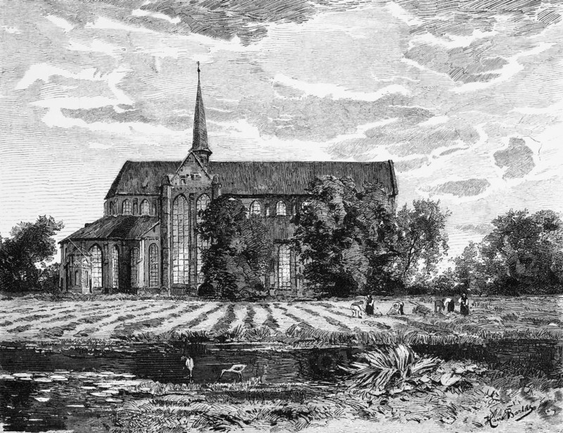 Gothic Doberan Minster, Bad Doberan, Mecklenburg-Western Pomerania, Germany, monastery church, ridge turret, fields, hay, historical illustration 1880, Europe