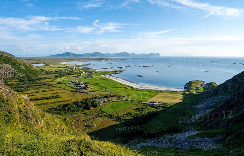 View of the coast with the village of Stave, beach and sea, hike to the summit of Måtind, Andøya Island, Vesterålen, Nordland Norway