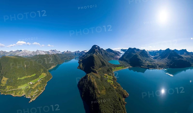 Glacier tongue of the Svartisen glacier with glacial lake and fjord, Helgeland coast, Nordland, Norway, Europe