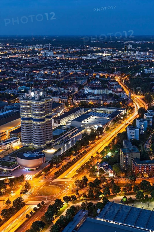 MUNICH, GERMANY, MAY 11: Aerial view of BMW Museum & BWM Welt & factory from Olympic Tower in the evening on May 11, 2012 in Munich, Bavaria, Germany. BMW is famous German luxury car automaker