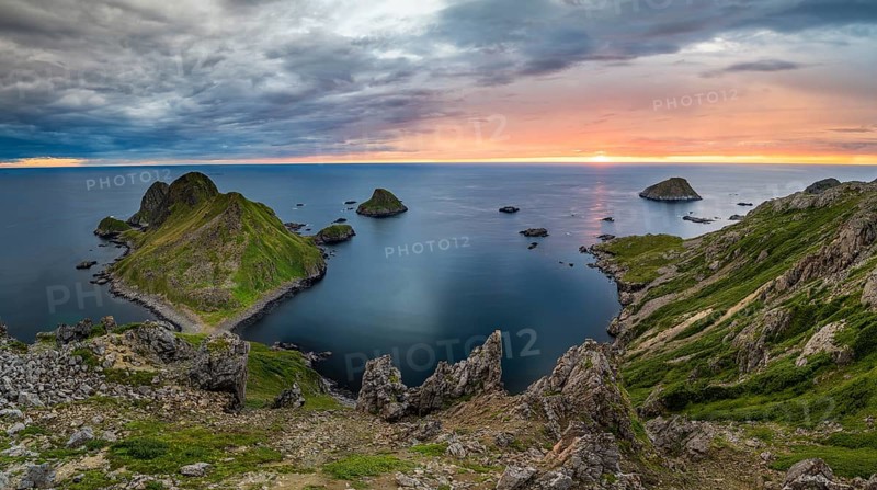 Rugged coastline with islands at sunset, Bufjellet, Nykvåg, Langøya Island, Vesterålen, Northern Norway, Norway, Europe
