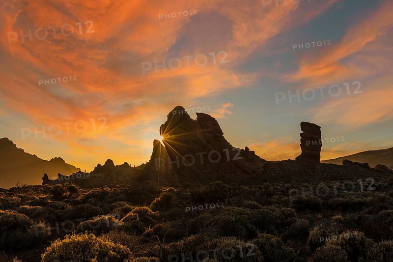 Sunset at Roque Cinchado next to Teide in the natural park of Tenerife, Canary Islands. Spain