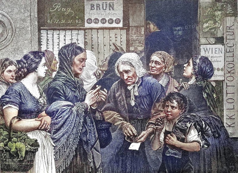 Gambling, Lottery players, Women spend their last money on lottery tickets, Prague, Czech Republic, c. 1885, Historical, digitally restored reproduction from a 19th century original, Gambling, Lottery players, Women spend their last money on lottery tickets, Prague, Czech Republic, c. 1885, Historical, digitally restored reproduction from a 19th century original, Europe