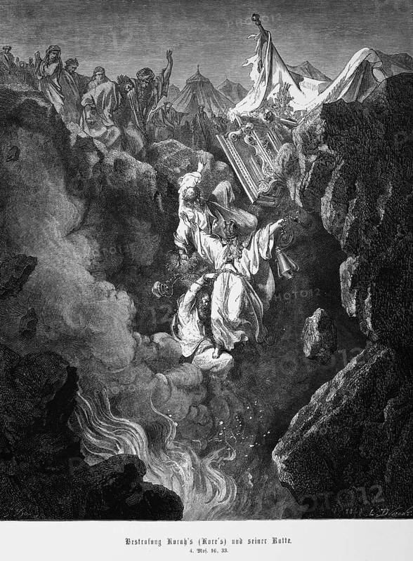 Bible, Punishment of Korah or Cyrus and his mob, Genesis 16, 33, Moses, Old Testament, punishment, earth, tear, devour, crowd, fall, fire, death, camp, people, historical illustration 1885