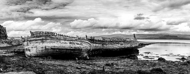 Panorama of Ships wrecks in Black and White, Salens, Isle of Mull, Scottish Inner Hebrides, Scotland, UK