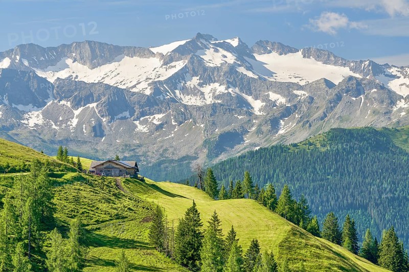 Bichlalm in Grossarl, Kreuzkogel with snow, blue sky, Hohe Tauern, alpine hut, mountain, Pongau, Salzburg, Austria, Europe