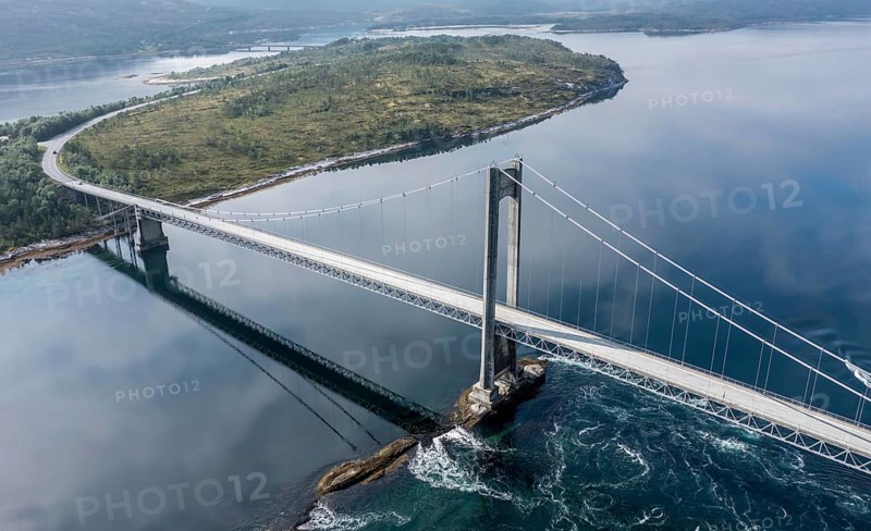 Aerial view of suspension bridge over fjord Efjord, road E6, northern Norway