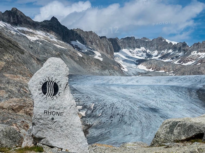 Monument above the Rhone glacier, to mark the source of the Rhone River, Switzerland, Europe