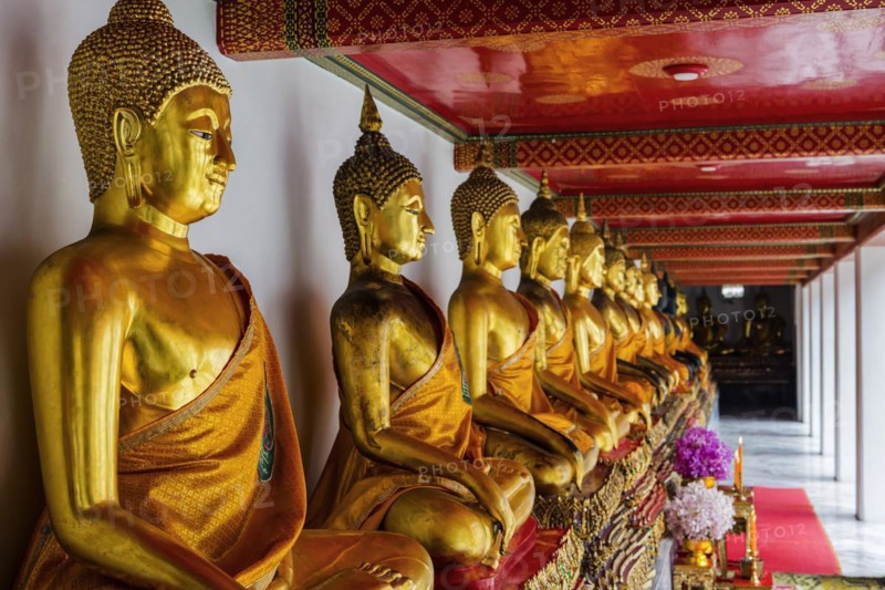 Historic Buddha statues at Wat Pho Temple, sitting, seated, Buddhism, religion, world religion, sculpture, sculpting, art, statue, culture, believing, faith, peace, Asian, travel, holiday, tourism, representation, palace, tradition, traditional, decoration, decorated, house of prayer, building, attraction, landmark, gilded, gold, sacred, pray, meditation, monastery, spirituality, meditate, spiritual, monument, famous, sight, magnificent, philosophy, capital, Bangkok, Thailand, Asia