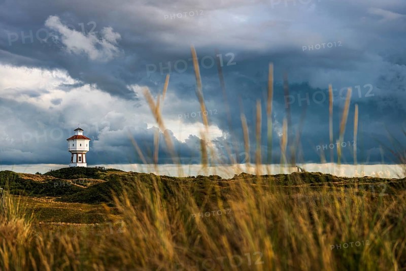 Water tower, clouds, weather, gloomy, cloudy, cloudy sky, storm, stormy, dune landscape, North Sea island, Langeoog, Germany, Europe