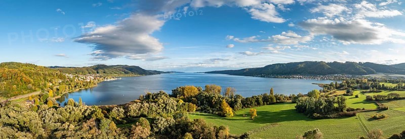 Aerial view, panorama of the Stockach Aach estuary with autumn vegetation at the northwest bay of Lake Überlingen, on the left the village of Ludwigshafen, on the right the village of Bodman and the Bodanrück, Lake Constance, district of Constance, Baden-Württemberg, Germany, Europe