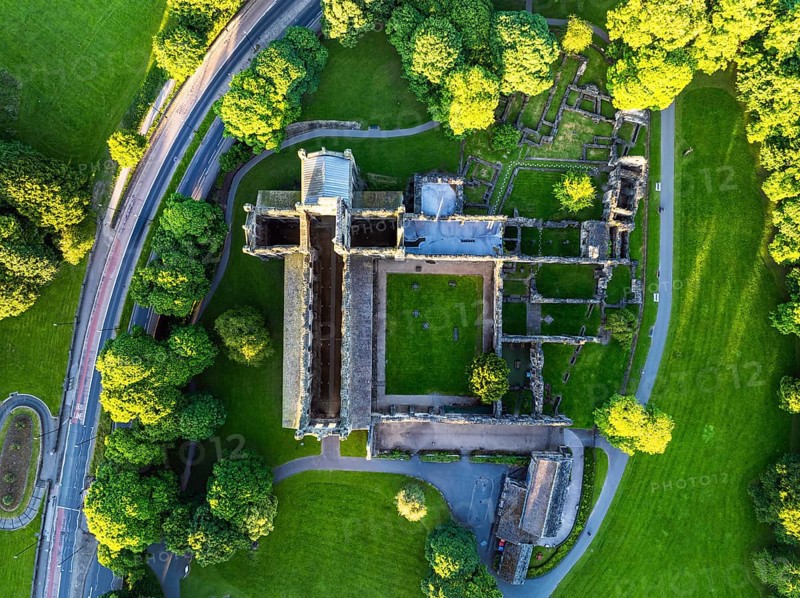 Top Down over Kirkstall Abbey from a drone, Kirkstall, River Aire, Leeds, West Yorkshire, England, United Kingdom, Europe
