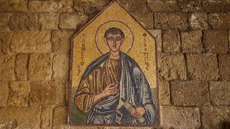 Monastery of Our Lady of Mount Filerimos, mosaic depiction of a holy person in front of a stone wall, representative of religious art, Filerimos, hill not far from Rhodes Town, Ancient State of Ialyssos, Rhodes, Dodecanese, Greek Islands, Greece, Europe