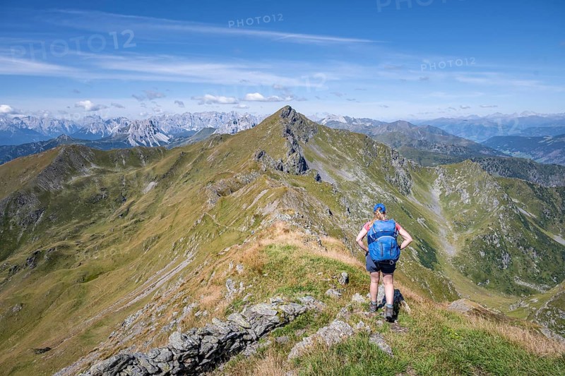 Hiker on the Carnic High Trail, Carnic Main Ridge, Carnic Alps, Carinthia, Austria, Europe