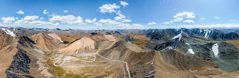 Panorama, aerial view, road with serpentines, mountain pass in the Tien Shan, Chong Ashuu Pass, Kyrgyzstan, Issyk Kul, Kyrgyzstan, Asia