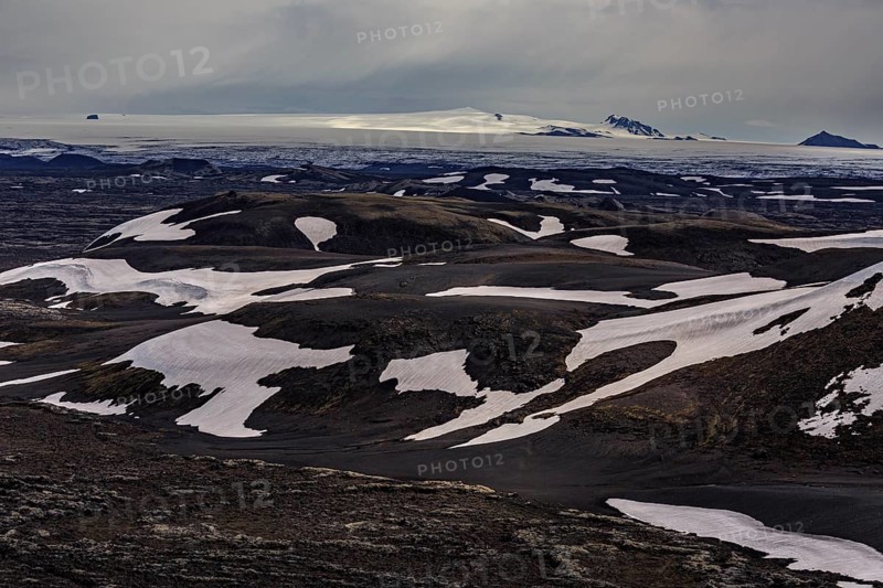 Volcanic landscape, lava, mountainous, snowfields, glaciers behind, cloudy, highlands, Laki, Lakagigar, Vatnajökull, Iceland, Europe