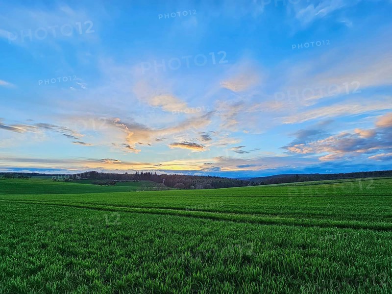 Wide green field under a blue sky with clouds during sunset, Mönchberg, Mltenberg, Spessart, Bavaria, Germany, Europe