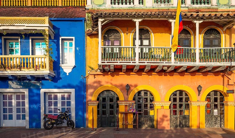 Colombia, Scenic colorful streets of Cartagena in historic Getsemani district near Walled City (Ciudad Amurallada), South America