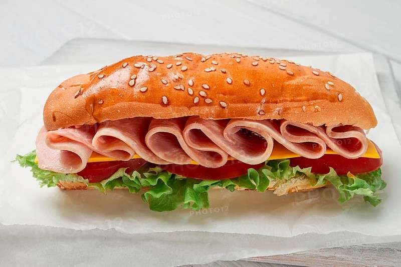 Sandwich submarine, on a white table, close-up, no people, horizontal, homemade