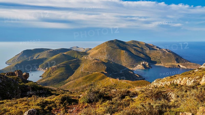 A clear picture of a bay with mountainous surroundings and blue sky on the coast, southern tip, Mani peninsula, Peloponnese, Greece, Europe