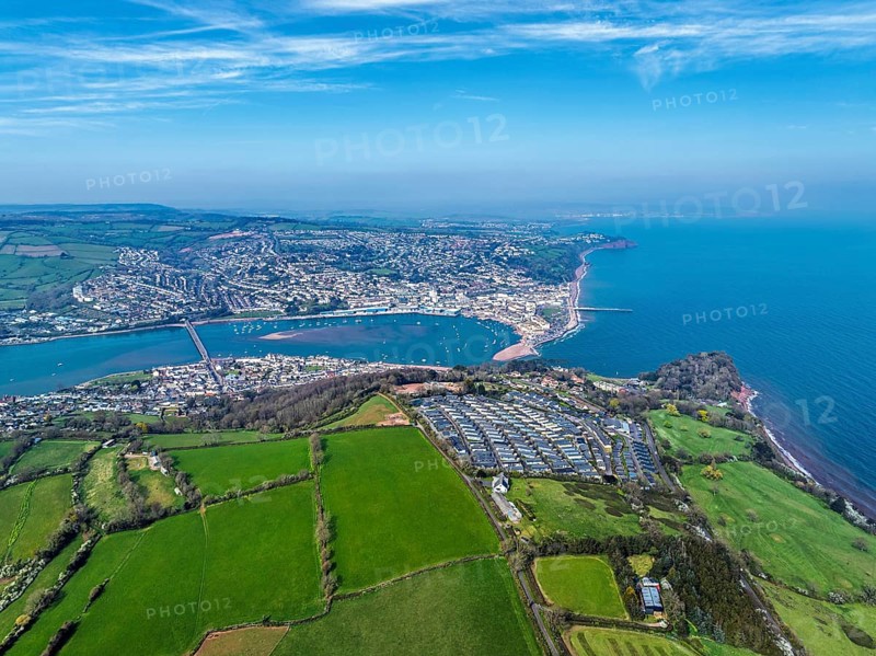 Coast View Holiday Park, Farms and Fields over River Teign from a drone, Teignmouth, Shaldon, Devon, England, United Kingdom, Europe