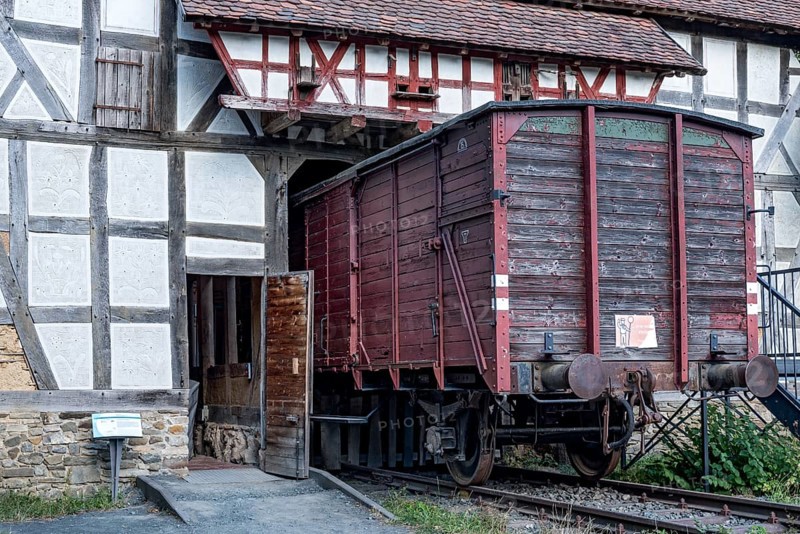 Goods wagon as used for deportations to concentration camps and military transports under National Socialism, exhibition Flight and Expulsion, barn from Damshausen, Hessenpark Open-Air Museum, Neu-Anspach, Taunus, Hesse, Germany, Europe