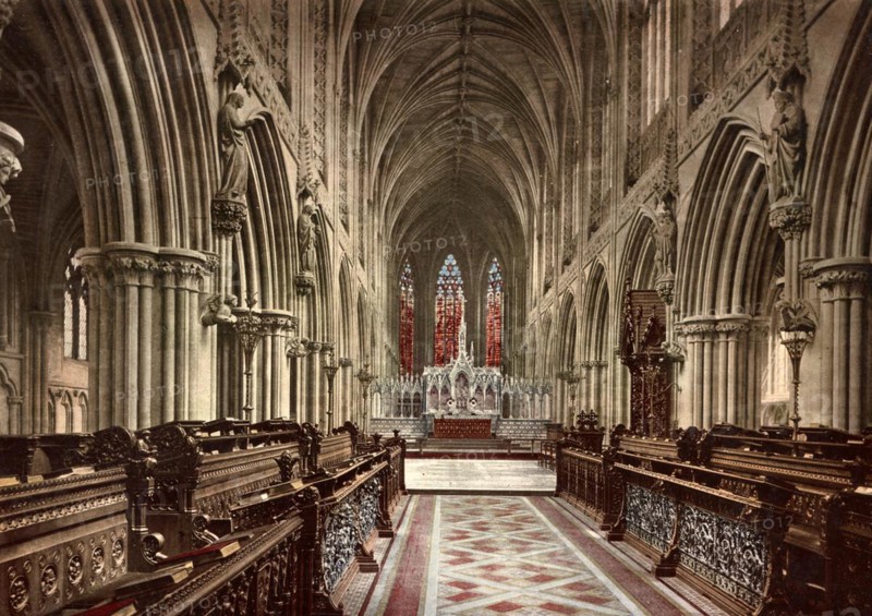 Choir of Lichfield Cathedral is an Episcopal Church of the Church of England, County of Staffordshire, dedicated to St Chad of York and the Virgin Mary, c. 1890, Historic, digitally restored reproduction from a 19th century original