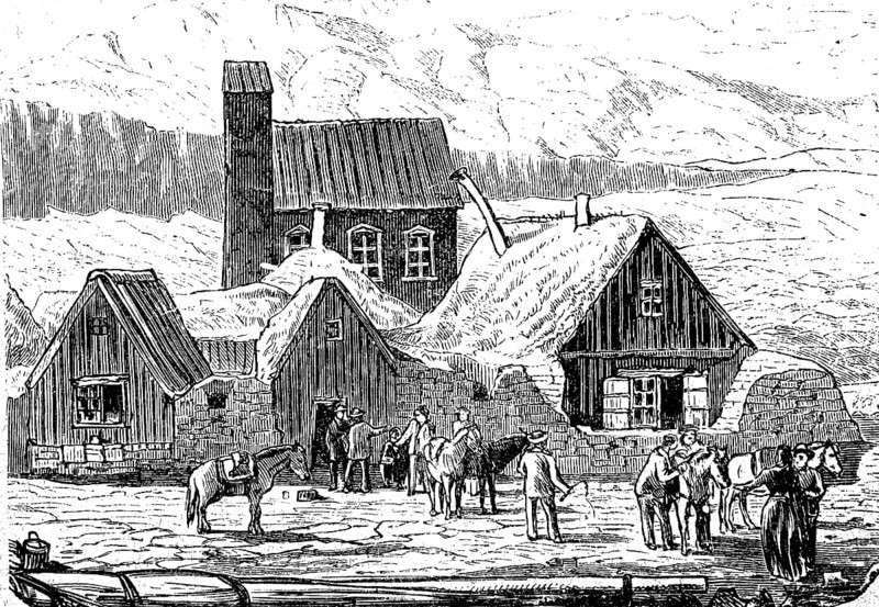 Country vicarage and church in Thingvalla in Iceland, in 1870, Historical, digital reproduction of an original from the 19th century