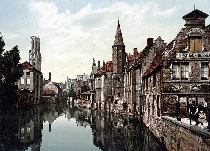 The Canal and Belfry, Bruges, Belgium, Historical, digitally restored reproduction from a 19th century original, Record date not stated, Europe