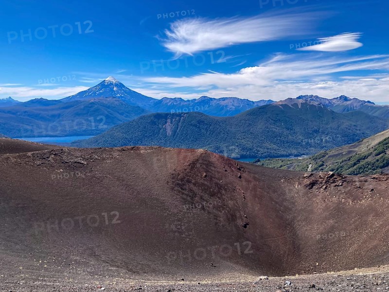 The crater at the summit of the Achen Niyeu volcano, Lanin in the background, in Lanin National Park, Patagonia, Argentina, South America