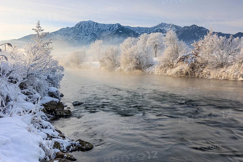 River and trees in hoarfrost in front of mountains, winter, Loisach, view of Herzogstand and Heimgarten, Alpine foothills, Upper Bavaria, Bavaria, Germany, Europe