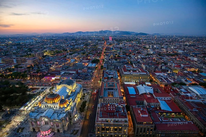 Scenic panoramic view of Mexico City historic center from the observation deck at the top of Latin American Tower Torre Latinoamericana