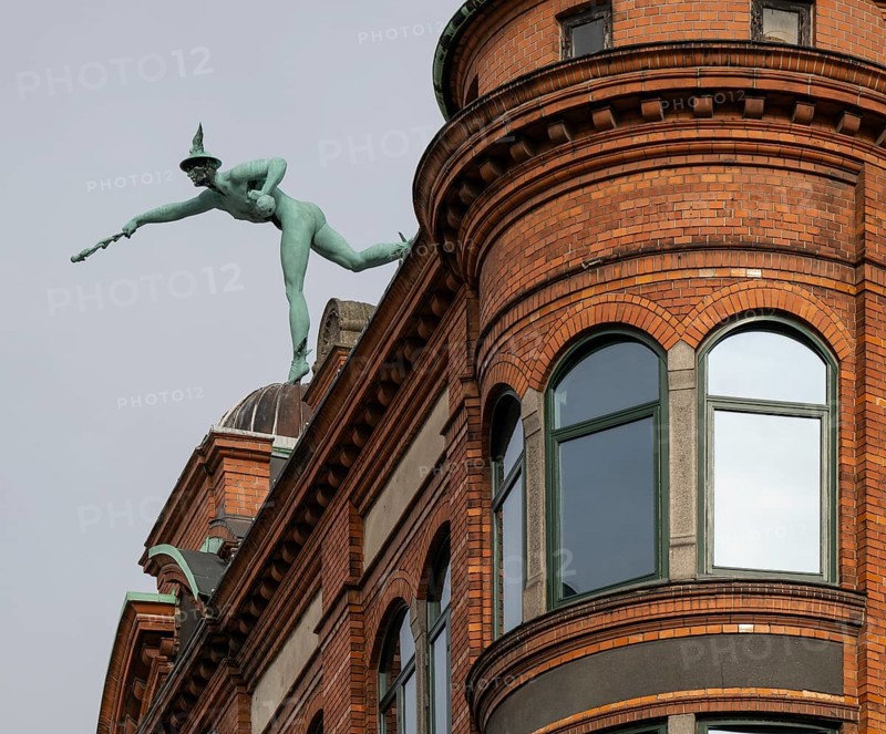Former Varehuset department stores' Trade fairs with Hermes statue by Julius Schultz, Copenhagen, Denmark, Europe